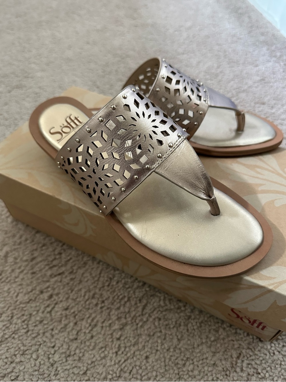 NEW Söfft Mayela Gold Metallic Perforated Thong Sandals